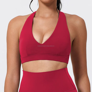 Ensemble de vêtements de yoga pour femmes, soutien-gorge de sport à col en V profond, legging taille haute, couleur unie, spandex, polyester - Product Image 1