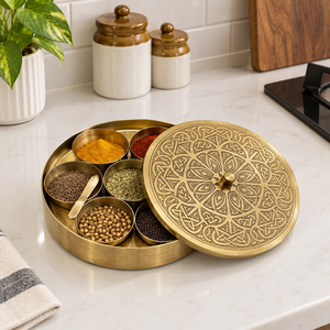 Handcrafted Round Brass Spice Box Intricate Engraved Lid Masala Dabba Kitchen Storage Container With Spoon for Home Hotel Decor - Product Image 3