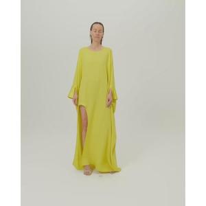 Handmade Yellow <b>Kaftan</b> Dress O-Neck Full Sleeve Straight Silhouette <b>Summer</b> Sheath Gown Solid Color Comfortable Women Dress - Product Image 1