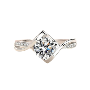 Bague de fiançailles en moissanite, taille brillant rond, sertie pavé de diamants, design géométrique, style classique pour femme - Product Image 1