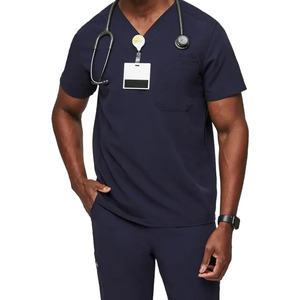 Haut de blouse bleu marine à col en V et manches courtes pour homme avec poche poitrine – Uniforme d'hôpital - Product Image 6