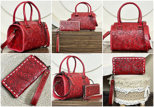 Conjunto de equipaje de cuero vacuno repujado a mano, bolso Speedy con cartera a juego, estilo occidental, conjunto de dos piezas, bolso de lujo para mujer. - Product Image 3