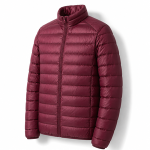 Unisex Burgundy Slim Fit Puffer Jacket Stand Collar Zipper Closure Waterproof Breathable Windproof Casual Winter Filling Solid - Product Image 4