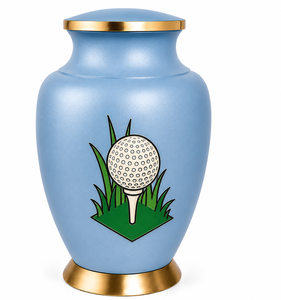 Urne funéraire bleu ciel AHO avec un design de balle de golf et d'herbe gravé en profondeur de qualité supérieure et des accents dorés élégants - Product Image 2