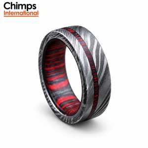 Chimps International Traditional Damascus <b>Steel</b> Wedding Band with Red Pakka Wood Inlay Unisex Ring | Damascus <b>Steel</b> <b>Jewelry</b> - Product Image 3