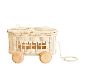 Panier de rangement en rotin naturel avec roulettes en bois et poignée en corde, forme ovale, style nordique, pour le rangement des jouets d'enfants - Product Image 1