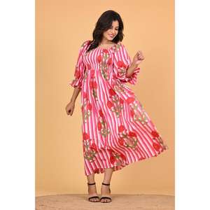 Robe longue maxi bohème 100% coton imprimé au bloc, écologique, pour femme, smockée, style indien, idéale pour les fêtes estivales - Product Image 1