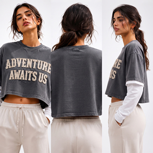 Wholesale Double Layer Crop T Shirt <b>Distressed</b> Embroidered Crew Neck Tee Drop Shoulder Stone Washed T-Shirt 100% Cotton Crop <b>Top</b> - Product Image 4