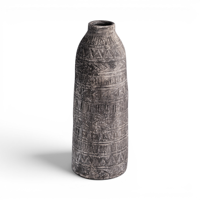 Vase de sol rustique gris anthracite antique de Bali, grand cylindre sculpté à motifs géométriques, poterie céramique artisanale décorative style aztèque