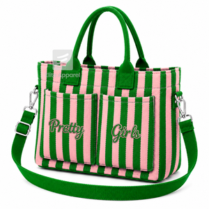 Bolsa de lona personalizada de la hermandad Alpha Kapa Alpha, verde y rosa, con logo bordado, a rayas, para uso diario, de gran capacidad. - Product Image 1