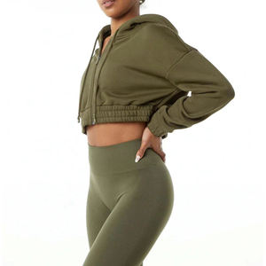 Wholesale Drop Shoulder Breathable Cropped Hoodies for Women Oversized Fit Classic Full Zip Relaxed Streetwear Hoodies - Product Image 2