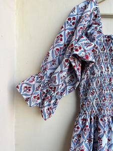 Robe longue en coton indien imprimée à la main, col carré, manches longues, imprimé floral, robe maxi décontractée à manches longues pour femmes - Product Image 2