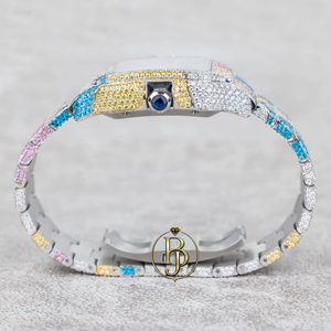 Montre analogique à quartz en acier inoxydable de haute qualité, entièrement sertie de pierres multicolores, cadran carré abstrait, résistance à l'eau 3 ATM - Product Image 5