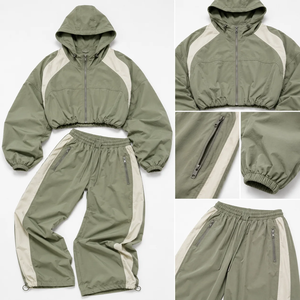 Ensemble survêtement coupe-vent court Vocksin pour femme, vert sauge, léger, avec sweat à capuche zippé imprimé et pantalon large 100 % coton - Product Image 3