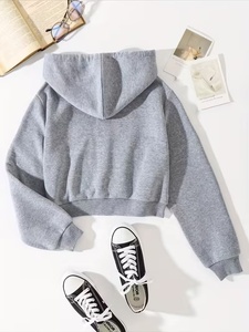 Women's Gray Hooded <b>Zip</b>-<b>Up</b> <b>Cropped</b> Hoddie Casual Short Length Cotton Blend Knitted Hoodie with Pockets Autumn Wear - Product Image 2