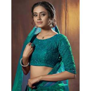 Teal Green Sequins Net Party Wear Lehenga Choli with Dupatta for <b>Wedding</b> - Product Image 4