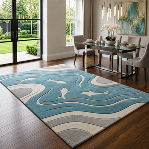 Alfombra de Lana/Seda Moderna de Estilo Costero, Hecha a Mano, con Patrón de Delfines, Base de Látex Suave Antideslizante, Azul Beige, para Dormitorio y Hogar - Product Image 3