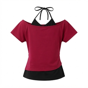 Women Off Shoulder Skeleton Print T-Shirt Short Sleeve Gothic Style <b>Red</b> Polyester Jersey Halter <b>Top</b> - Product Image 4