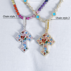 Pendentif Croix Multicolore Moissanite Luxe Effet Glacé Or et Argent, Collier Statement Hip Hop, Bijoux Religieux - Product Image 2