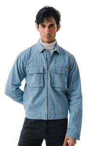 <b>Light</b> Blue Denim Zip Up Jacket for Men Premium Cotton Long Sleeve Outerwear with Dual Chest Pockets Fashion Casual Workwear - Product Image 5