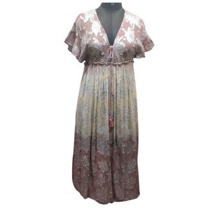 Robe longue d'été pour femme, col en V, manches courtes, broderie à la main, taille élastique, respirante, simple, élégante, ample, décontractée, pour les fêtes - Product Image 2