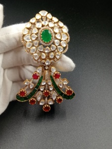 <b>Gold</b> Plated Flower Brooch with Green doublet stone and Red doublet stone for Women Party Jewelry unisex brooch kalangi for groom - Product Image 2