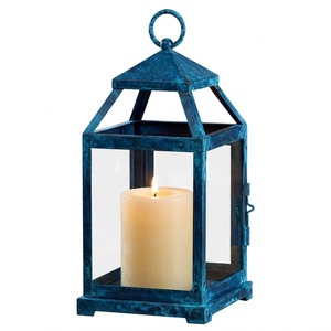 Farol Colgante de Hierro y Vidrio con Acabado Azul Pátina Moderno, Decoración Ecológica para Interiores y Exteriores, Hogar y Jardín, Navidad - Product Image 1