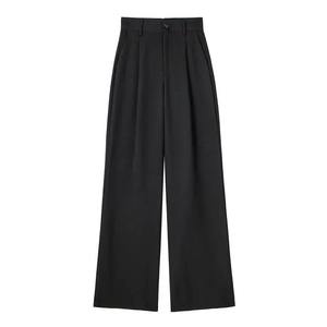 Pantalones de Pierna Ancha de Cintura Alta para Mujer, Color Sólido, Crepé Plisado, Corte Holgado, Largos, Estilo Minimalista Otoñal, Cierre de Botones - Product Image 6