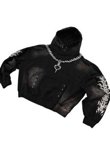 Sudadera bordada Sun Faded Acid Wash Sudadera de algodón de gran tamaño French Terry Sudadera recortada Sudadera con capucha de diamantes de imitación negros - Product Image 2