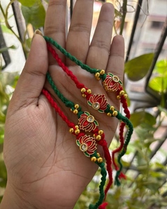 Handcrafted Meenakari Lotus Rakhi <b>Set</b> Traditional Red & Green Silk Thread Rakhis with Kundan Accent Red and Green Enamel Work - Product Image 3
