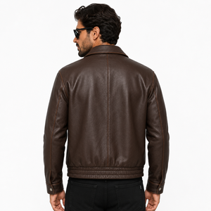 Veste imperméable et coupe-vent en cuir PU noir pour homme, col rabattu, fermeture éclair, style motard, coupe classique, devant - Product Image 5
