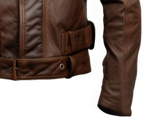 Chaqueta de Motociclista para Hombre, de Cuero Genuino Marrón, con Detalle de Correa y Cinturón en la Cintura - Product Image 4