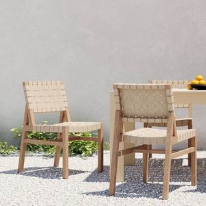 Silla de comedor escandinava de madera beige con correa de algodón tejida, sin respaldo, diseño moderno, muebles de comedor para exteriores - Product Image 6