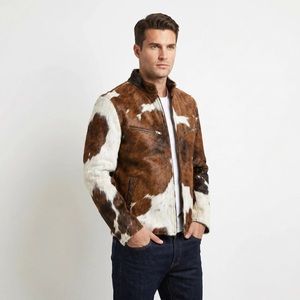 High Quality Handmade Hair-on Cowskin Leather <b>Jacket</b> Men Western Cowboy Style Stand Collar Zip Up Cafe <b>Racer</b> Genuine Leather - Product Image 1