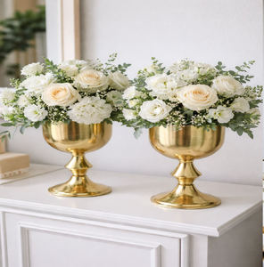 Luxury embossed <b>gold</b> teardrop centerpiece styled with white blooming branches, available at wholesale prices. - Product Image 4