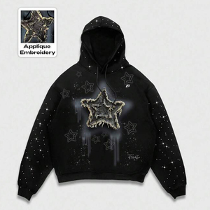 เสื้อฮู้ดดี้พิมพ์ลายดาวสีดำสำหรับทุกเพศ ทรงโอเวอร์ไซส์ สไตล์สตรีทแวร์ ผ้าฝ้ายฟลีซ 100%  กระเป๋าหน้าประดับเพชร  โลโก้สั่งทำได้ สไตล์ Y2K - Product Image 2