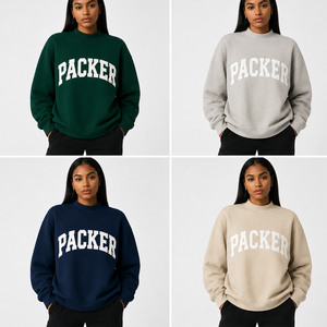 เสื้อสเวตเชิ้ตคอกลมสีเบจสำหรับผู้หญิง พิมพ์ลายตัวอักษร Packer ผ้าฝ้ายถักทรงโอเวอร์ไซส์ สไตล์วาร์ซิตี้แบบพรีปปี้สำหรับฤดูหนาว คอเต่า - Product Image 5