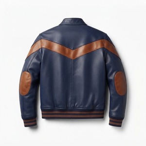 Blouson aviateur en cuir bleu marine pour homme avec col montant et empiècements marron, fermeture éclair, style moto, idéal pour l'automne - Product Image 6