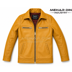 Premium Mustard Yellow Sheepskin Leather <b>Jacket</b> Unisex Winter Zipper Stand Collar OEM Service Finished Casual Fashion Outerwear - Product Image 1