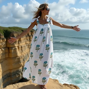 Maxi en coton blanc élégant avec contours de fleurs aqua doux et bretelles à nouer Robe Maxi à bretelles avec doublure Blue Marigold - Product Image 3