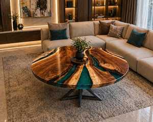 Mesa de centro redonda de madera natural con resina, borde natural, muebles contemporáneos para sala de estar, diseño artesanal duradero para interiores. - Product Image 1