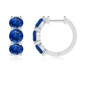 Natural Round Blue Sapphire Three Stone Huggie Hoop <b>Earrings</b> 14kt White Gold <b>Fine</b> Jewelry for Women Wholesale Gift for Fiance - Product Image 1