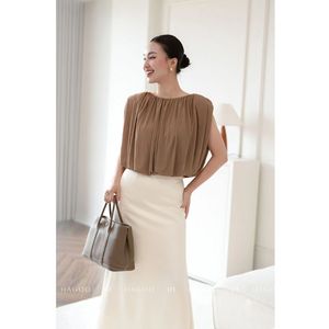 Top corto sin mangas plisado para mujer, cuello redondo, tejido, color sólido vintage para verano [A8124] - Product Image 3