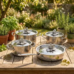 Stainless Steel Luxury Cookware Set 4-Piece Polished Finish European Design with Vegetable Lid Handmade Oven Safe - Product Image 3
