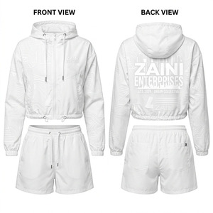 Women Crop Top Windbreaker Short Set Premium 110 GSM Polyester Taffeta Water Resistant <b>White</b> Custom Logo Embossed Print Design - Product Image 1