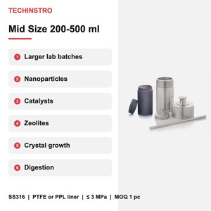 Reactor de Autoclave Hidrotermal de 200ml, 250ml, 300ml, 400ml, 500ml con Revestimiento de PTFE o PPL, Recipiente de Alta Presión de Acero Inoxidable para Laboratorio - Product Image 3