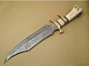 Couteau à lame fixe en acier damas fait main sur mesure avec manche en os, outil de chasse et de survie en plein air - Product Image 2