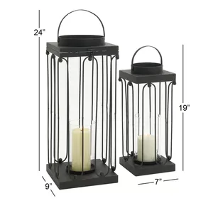 Square Metal Lantern Candle Holder Set <b>Black</b> <b>Outdoor</b> Indoor Home Decoration 24 and 19 Inch - Product Image 1