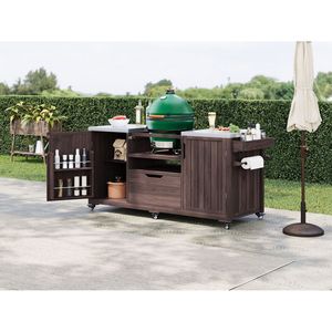 Isla de Cocina para Exteriores de Madera Sólida de 66.5 Pulgadas para Parrillas Big Green Egg, Carrito con Mesa de Acero Inoxidable para Camping - Product Image 5