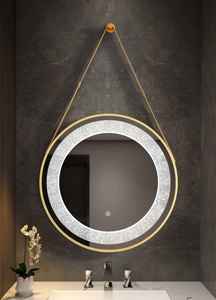 Miroir de salle de bain suspendu rond moderne Daystar Trade avec rétroéclairage LED, capteur tactile et sangle décorative dorée, modèle DST-AT-210 - Product Image 2